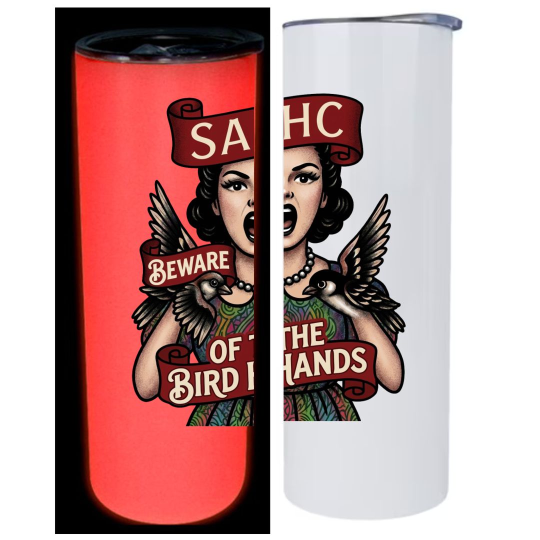 Glow In The Dark White to Red Bird HandsTumbler 20oz.